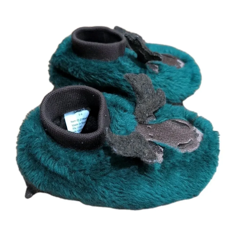 LL Bean Toddler Moose Antlers Slippers Size 5-6 Green Animal Paws Socks Slip Ons